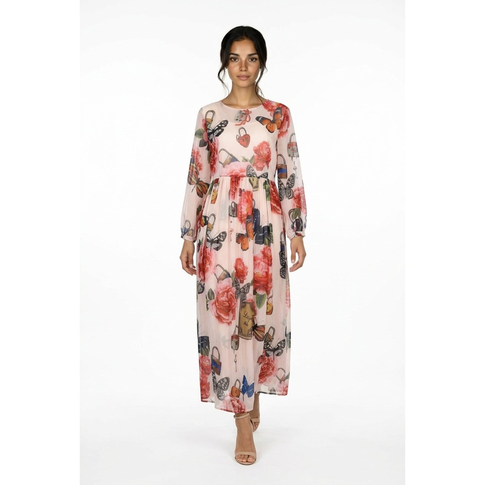 Vicky & Lucas Woman's Butterfly‎ Floral Print Maxi Dress Pink Whimsical Romantic